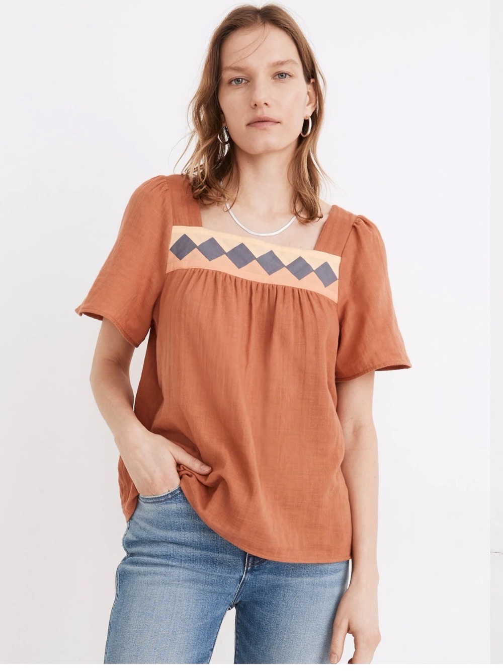 Madewell Patchwork Square-Neck Top Burnt Clay 2x
